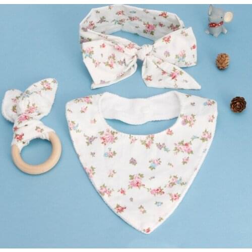 3Pcs Baby Rabbit Ears Teether Cotton Bibs Headband Infant Saliva Towel Care Set