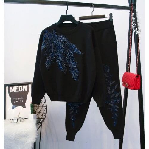 Black Gray Knitted Tracksuit Women Outfits 2pc Handwork Sequins Flowers Pullover Sweater Pencil Pants Set Loose Knit Suit Female