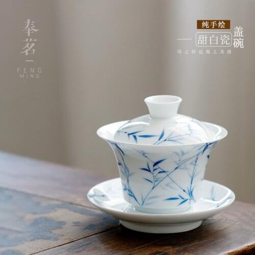 Porcelain Gaiwan Home Tea Ceremony Retro Hand-Painted Orchid Bamboo Gaiwan Large Tea Making Kung Fu Teaware