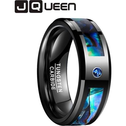 JQUEEN 8mm Natual Abalone Shell Opal Mens Tungsten Carbide Ring Inlaid Cubic Zirconia Plating Black Wedding Jewelry Gift Lover