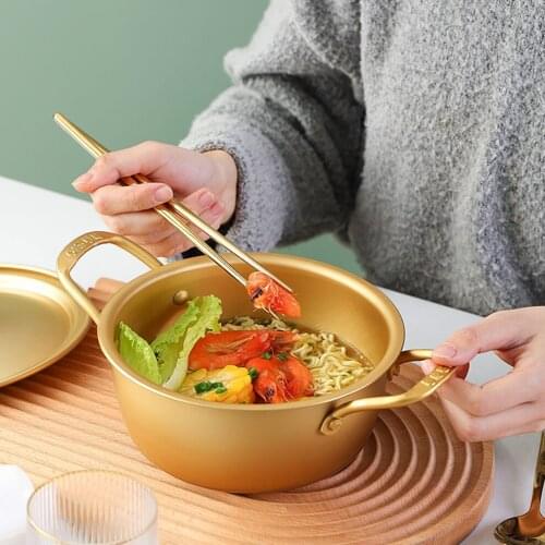 Korean Style Instant Noodle Pot Golden Cooking Noodles Pot For Gas Stove Household Small Yellow Aluminum Pot Soup Bowl