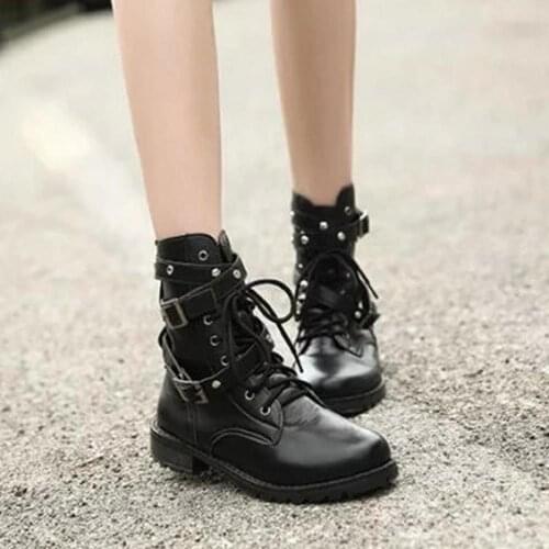 Lzzf Motorcycle Boots Ladies Vintage Combat Autumn Boots Army Punk Goth women boots Women Biker PU Leather Short Boots Big size