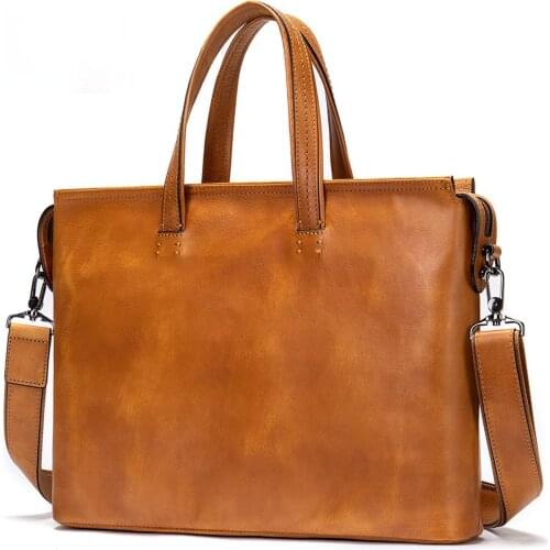 Genuine leather mens business handbags Retro fashion top layer leather briefcase large-capacity document bag