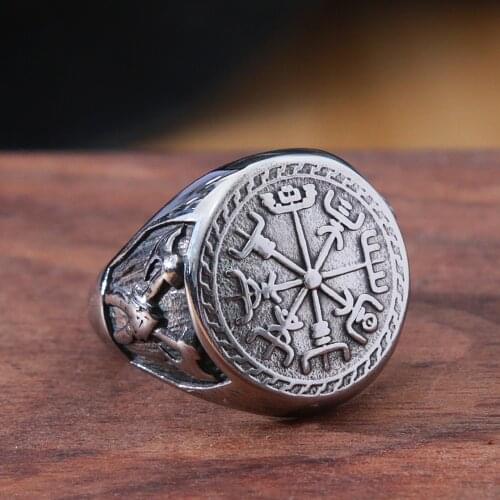 Retro Viking Awe Of Helm Ring Men Nordic Stainless Steel Double Axe Totem Ring Punk Biker Jewelry Gift Wholesale
