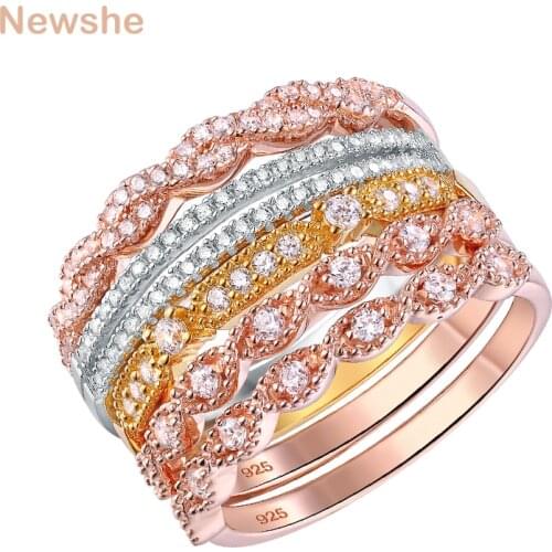 Newshe Stackable Wedding Rings For Women 925 Sterling Silver Rose Gold Color Twist Deco Ring Set Eternity Band Gift Jewelry