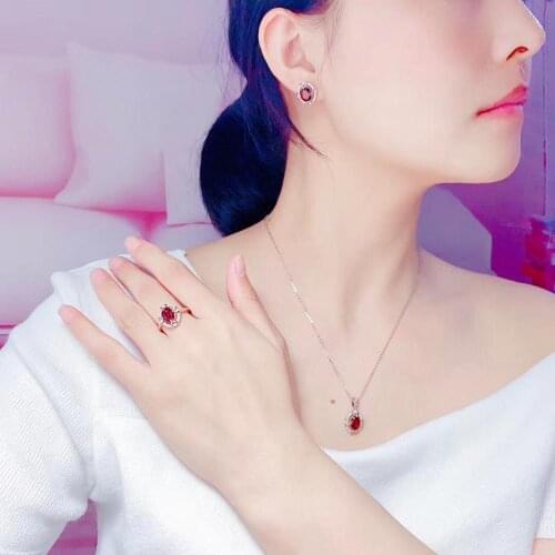 New Arrival Real Natural Natural Garnet Jewelry Set 1pc Ring 1pc Pendant 1pair Earrings 925 Sterling Silver High Jewelry