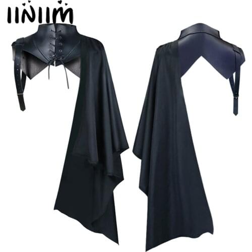 Mens Womens Faux Leather Cloak Halloween Vampire Role Play Costume Retro Lace-up Front Faux Leather Shoulder Armor Cape Cloak