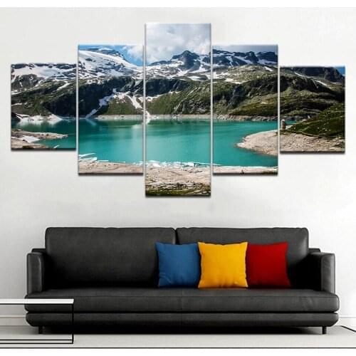 Wall Art Canvas Paintings HD Prints Snow mountain natural landscape Picture Lake water 5 Pieces Living Room Home Decor Poster