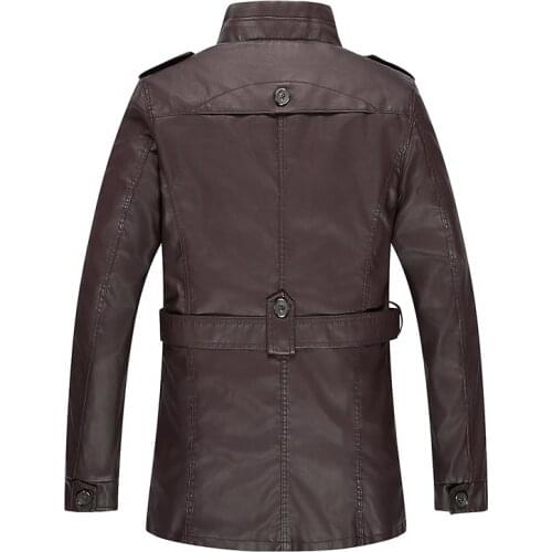 New Fashion Trench-Coat 2020 Winter Mens Mid-long PU Leather Jacket Warm Fleece Slim Fit Windbreaker With Belt Solid Overcoat