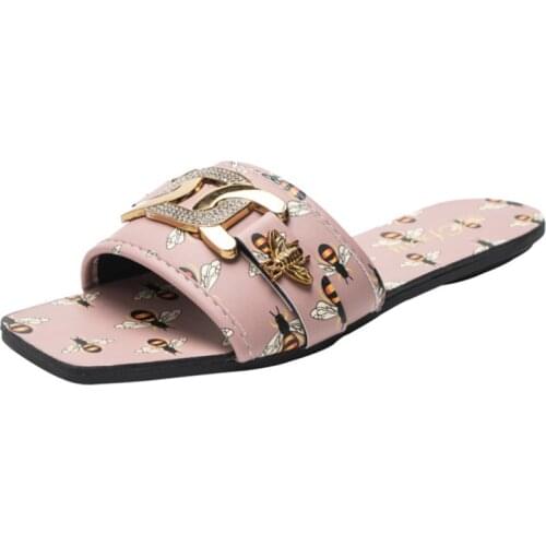 New Ladies Slippers Square Toe Rhinestone Flat Bottom Slides Metal Square Button Cartoon Bees Print Casual Beach Shoes Slippers