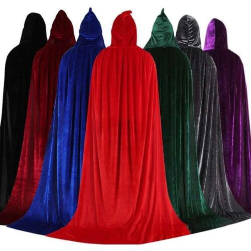 Adult Kids Halloween Velvet Cloak Gothic Hooded Cape Long Purim Medieval Costume Witch Wicca Vampire Elf Purim Carnival Party