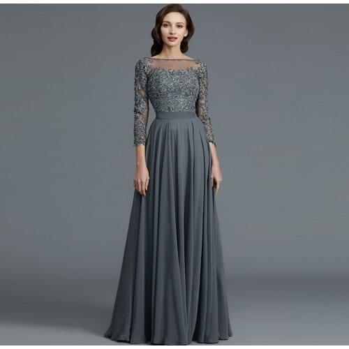 Gray Mother Of The Bride Dresses A-line Scoop 3/4 Sleeves Chiffon Appliques Beaded Long Groom Mother Dresses For Weddings