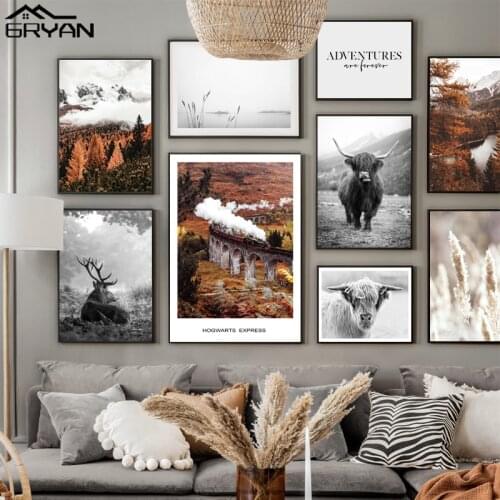 Nordic Forest Autumn Landscape Retro Steam Train Wall Art Canvas Painting Black White Cow Deer Print Poster Animal Picture Decor