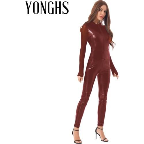 Sexy Womens Faux Leather Catsuit Clubwear Long Sleeve Front Zipper Bodysuit Skinny Jumpsuits Clubwear for Pole Dancing