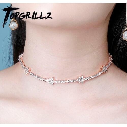 TOPGRILLZ 5MM Tennis Chain Flower Choker Chain Necklace Iced Out Cubic zirconia Bling Hip Hop Charm Jewelry Gift For Women