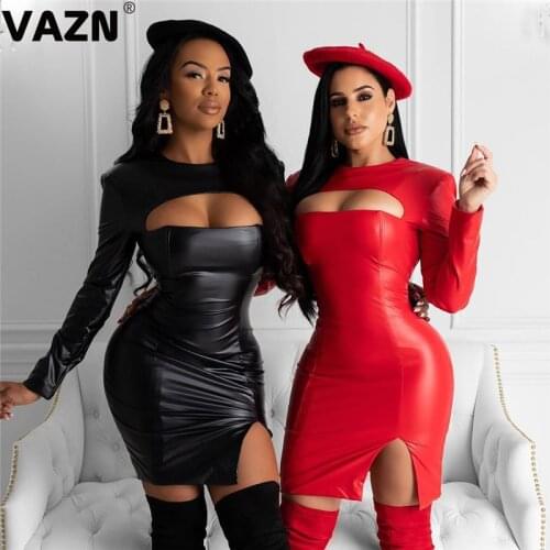 VAZN 2020 Top Quality Hollow Out Leather Dress Solid Sexy Club Elegant Style Full Sleeve High Waist Women Thin Midi Dress