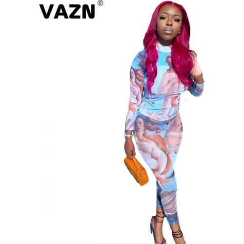 VAZN Hot 2020 Pattern Print Mesh Spliced Two Piece Set Tracksuit Casual Female Street Wind Sets