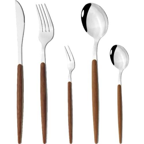 Western Silver 1/5Pcs Dinnerware Set Wood Handle Stainless Steel Dinner Home Knife Fork Spoon Fish Fork Flatware Cutlery Sets