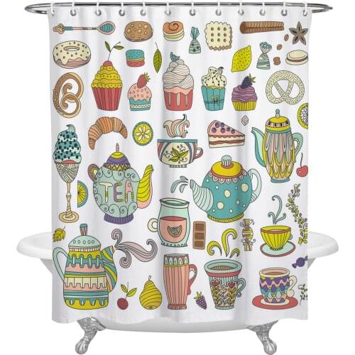 Teapot Pastry Fruit Teacup Flowers Shower Curtains Bathroom Curtain Waterproof Polyester Frabic Bathroom Curtain with Hooks