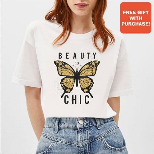 BLINGPAW Minimalist Women Graphics T-shirt Beauty Is Chic Butterfly Short-sleeved Tops Tees O-Neck Casual Large Size 100% Cotton