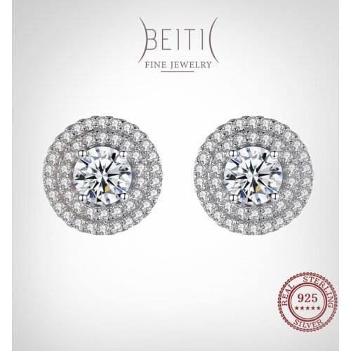 Beitil 100% 925 Sterling Silver Luxury Simple Cubic Zirconia Round Stud Earrings For Women Wedding Engagement Jewelry Gift