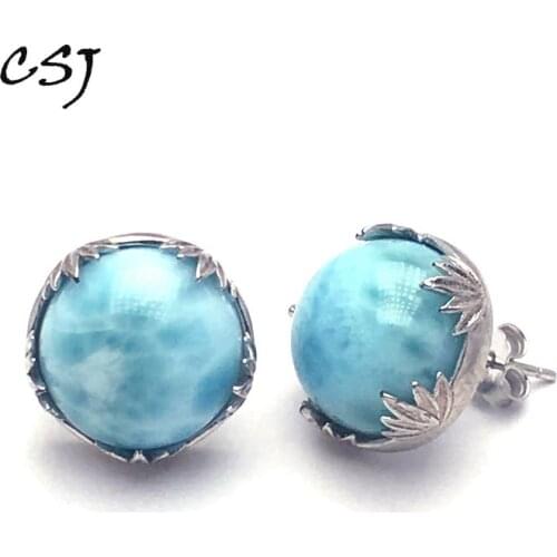 CSJ Natural big larimar sterling silver earrings blue color fashion brief womens earring Wedding Engagement Gift Fine Jewelry