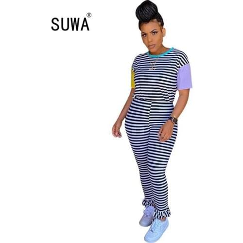 High Quality cross striped casual home outfits women 2 piece pants matching sets short sleeve classic t shirts + joggers pants