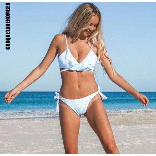 Womens Swimwear 2021 Sexy Ruffle Stripe Bikini Swimsuit Summer Bandage Biquini Female Swimming Suit Beachwear Bathing Suit