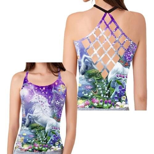 UJWI Womens Summer Purple Horse Print Sexy Hollow Out Open Back Suspender Vest Sleeveless Tank Top Female Backless Camisole