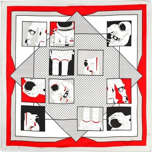 POBING Astronaut Print Square Scarves Spain Hijab Stain Silk Scarf Women Fashion Lady Headband Small Foulard Bandana 70cm*70cm