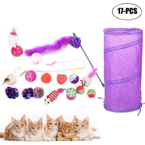 17pcs/set Pet Cat Toy Set Feather Fish Mouse Ball Toys Cat Tunnel Interactive Toy For Cats