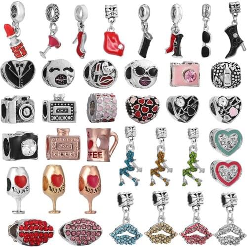 2Pcs/Lot Sexy Lips Lipstick Wine Glass Pendant Beads Charm Fit DIY Romantic Bracelet Necklaces For Women Jewelry Making 2021 New