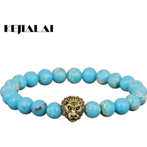 2017 New Design Jewelry 8mm Sea Sediment Stone Bead with Antique Color Lion Mens Bracelet