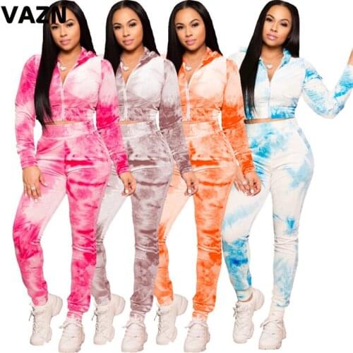 VAZN 2020 Casual Hooded Tie Dye Straight Shinny 2 Piece Set Sexy Full Sleeve Long Pant 2 Pieces Set