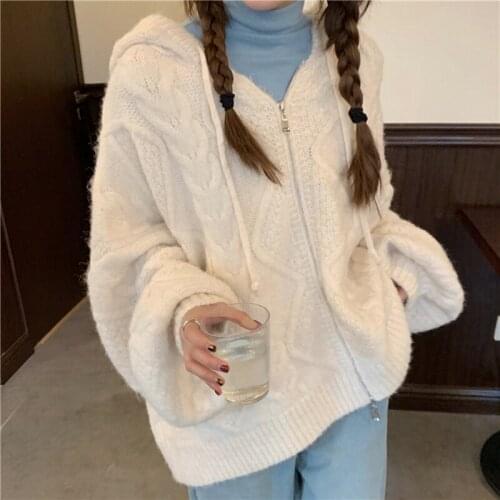 2021 Women Autumn Winter Twist Zipper Hooded Sweater Coat Knitted Cardigan Jacket Oversized Long Lantern Sleeve Outwear