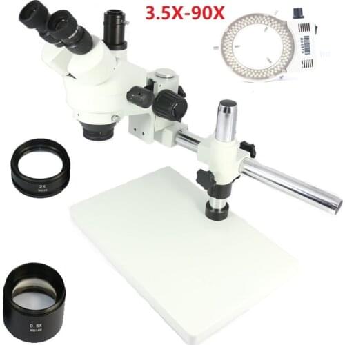 360 adjustable Single Arm support boom table 3.5X 7X 45X 90X Simul-focal Trinocular Stereo Microscope 2.0X 0.5X Objective lens
