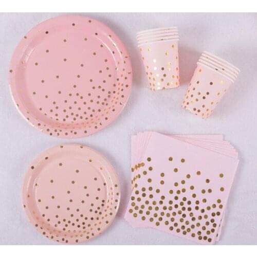 40pcs Gold Pink Disposable Tableware Set Paper Plates Cup Napkin Baby 1st Birthday Party Decor Baby Shower Girl Party Supplies