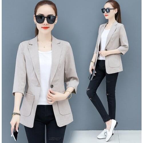 #5271 Black White Grey Cotton Linen Blazer Women Thin Casual Suit Jacket Female Slim Short Womens Blazers Three Quarter Sleeved