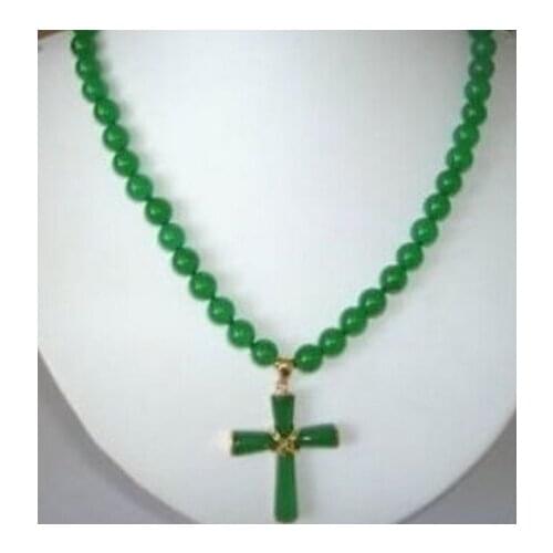 8mm Green jade Cross Pendant Necklace 18"