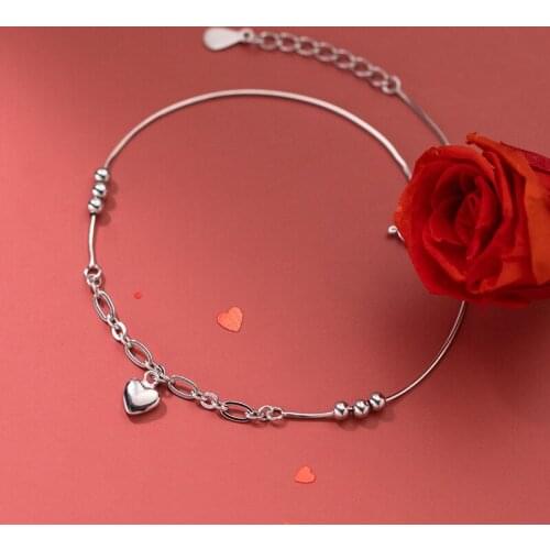 925 Sterling Silver Heart-Shaped Womens Anklet Jewelry Fashion Love Foot Bracelets On Leg Round Beads Snake Chain 21.5 CM