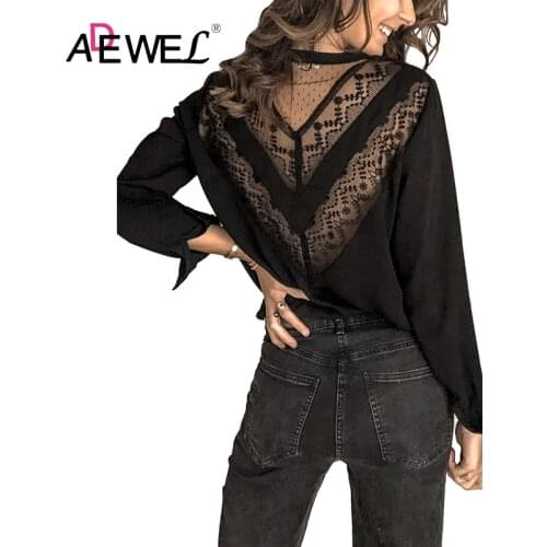 ADEWEL Black Patchwork Lace Cut out Backless V Neck Shirt Harajuku Woman Ropa Mujer Plus Size Tshirts Tops Long Sleeve Clothes