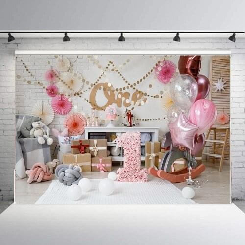 BEIPOTO Pink flower Baby cake smash backdrop girl 1first year birthday photo background balloon party decoarion booth props B505