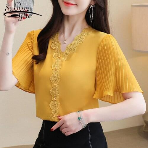 White Blouse 2021 Summer Loose New Chiffon Shirt Flared Sleeve Lace Shirt V-neck Casual Plus Size Solid Blouse S-3XL 14176