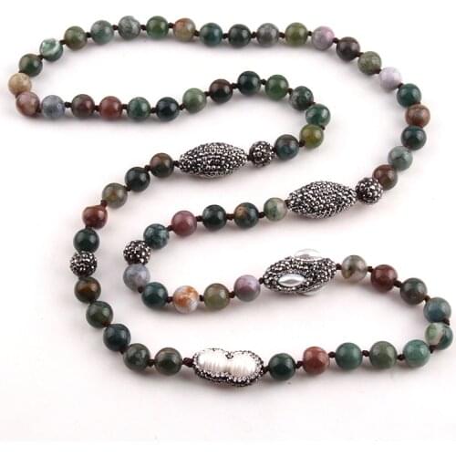 Free Shipping Fashion Natural Stones Bead Long Knotted Handmade Pearl Paved Stone Rugby Ethnic Women Necklace