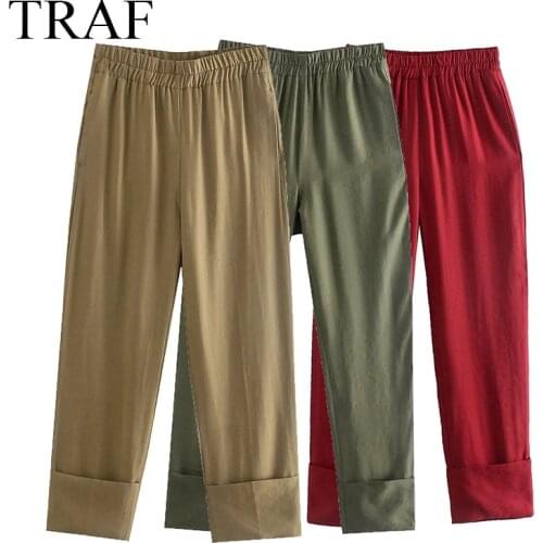 TRAF ZA Womens Clothing Pants Fashion Black High Waist Trousers Woman Clothes Stretch Leggings Slim Fit Hem Split Office Lady