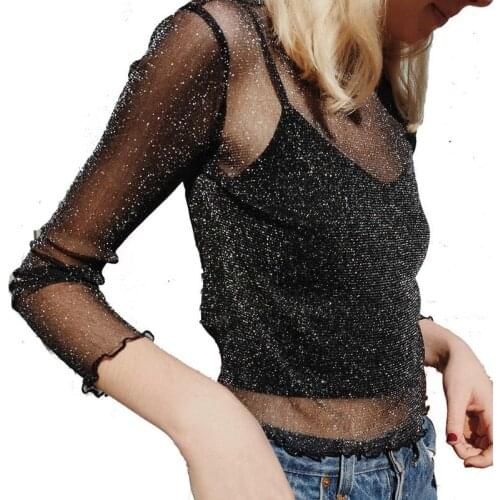Shimai 2021 Sexy Mesh Shiny Long Sleeve T Shirt Women Spring Transparent Club Party Black Tee Shirts Sexy Thin O Neck Short Tops
