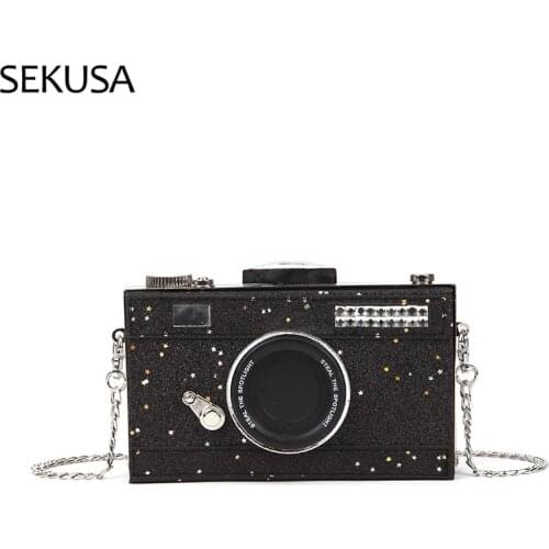 Camera Design Fashion Lady Evening Bags Small Chain Shoulder Party Female Day Clutch Sequined Ziper Metal Retro Holder