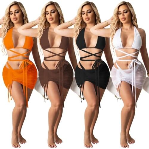 ZKYZWX Sexy Mesh Sheer 3 Piece Set Off Shoulder Crop Top Thongs Bodycon Mini Skirts Beachwear Swimsuit Summer Matching Dress Set
