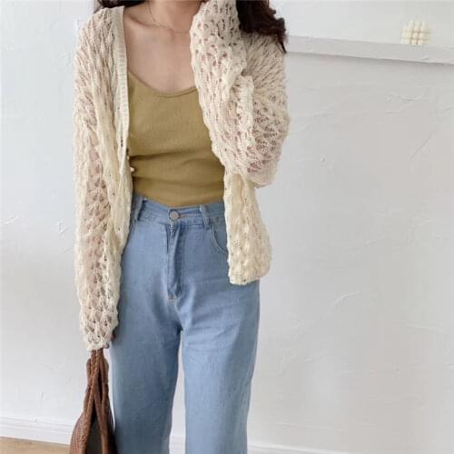 Alien Kitty Korea Fresh Hollow Out Cardigans Casual Simple Free Thin Lazy Style Ice Silk Loose Knitted Short Sweaters 4 Types