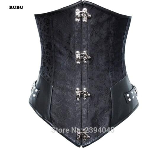 Gothic corset black silver alloy buckle gather body slimming waist steampunk shapewear for women short bustier top